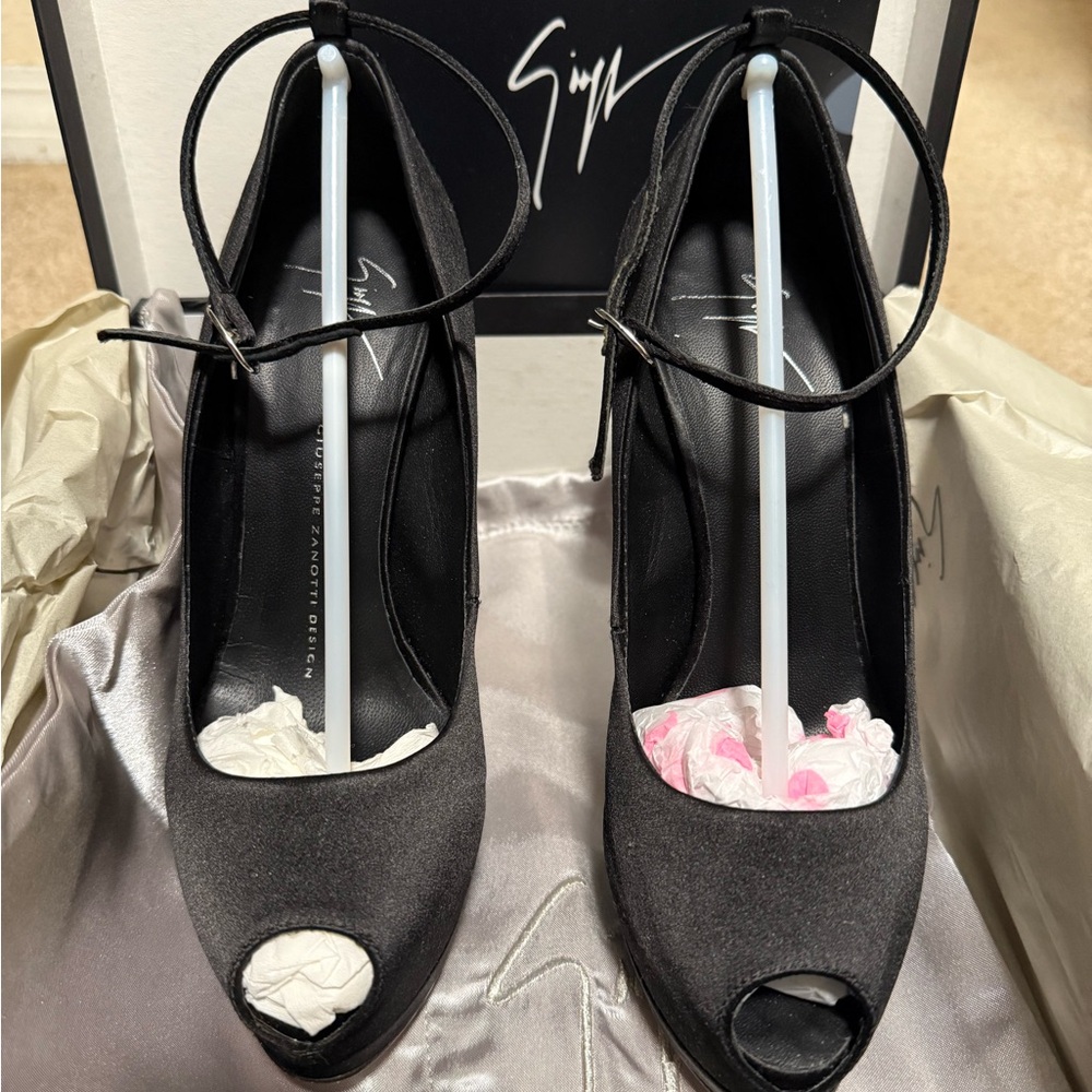 Giuseppe Zanotti Black Satin Peep-Toe Heels “Sharon”